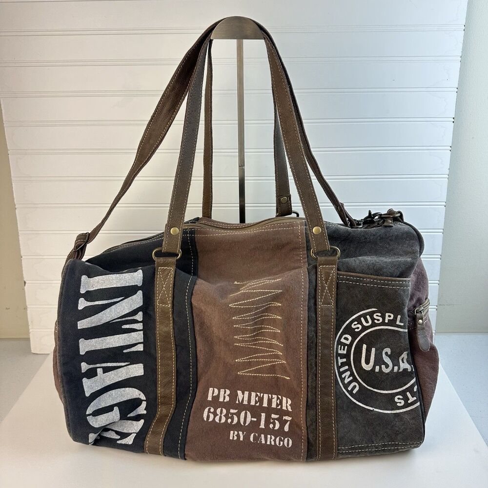Myra Bag Vintage USA Stamped Upcycle Canvas Leather Weekender Travel Duffel Tote